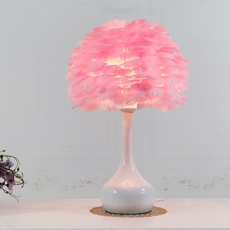 Natural Goose Feather Dome Night Light Modern 1-Bulb Grey/White/Pink Table Lamp with Teardrop Base Clearhalo 'Lamps' 'Table Lamps' Lighting' 1985986