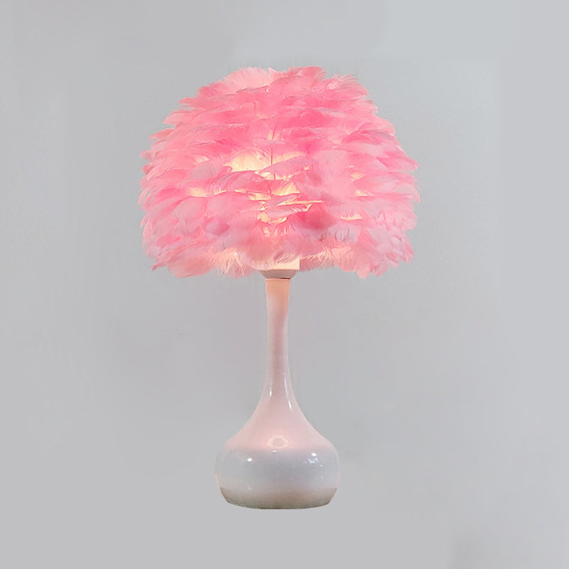Natural Goose Feather Dome Night Light Modern 1-Bulb Grey/White/Pink Table Lamp with Teardrop Base Clearhalo 'Lamps' 'Table Lamps' Lighting' 1985987