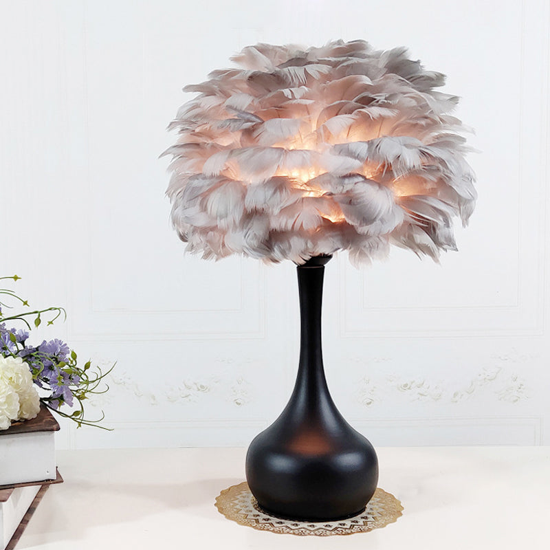 Natural Goose Feather Dome Night Light Modern 1-Bulb Grey/White/Pink Table Lamp with Teardrop Base Grey Clearhalo 'Lamps' 'Table Lamps' Lighting' 1985988