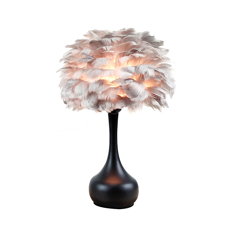 Natural Goose Feather Dome Night Light Modern 1-Bulb Grey/White/Pink Table Lamp with Teardrop Base Clearhalo 'Lamps' 'Table Lamps' Lighting' 1985989