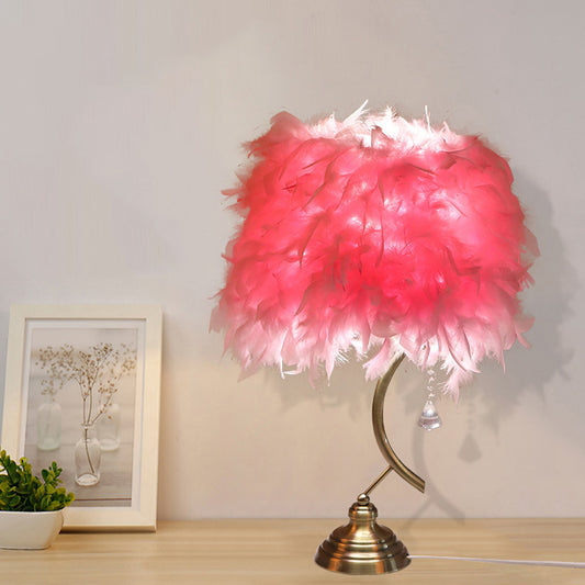 White/Pink Tapered Table Lamp Contemporary 1 Head Feather Nightstand Light with Crystal Drop Pink Clearhalo 'Lamps' 'Table Lamps' Lighting' 1985995