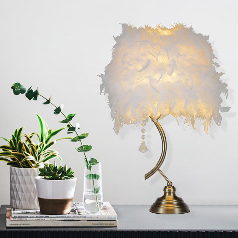 White/Pink Tapered Table Lamp Contemporary 1 Head Feather Nightstand Light with Crystal Drop Clearhalo 'Lamps' 'Table Lamps' Lighting' 1986001