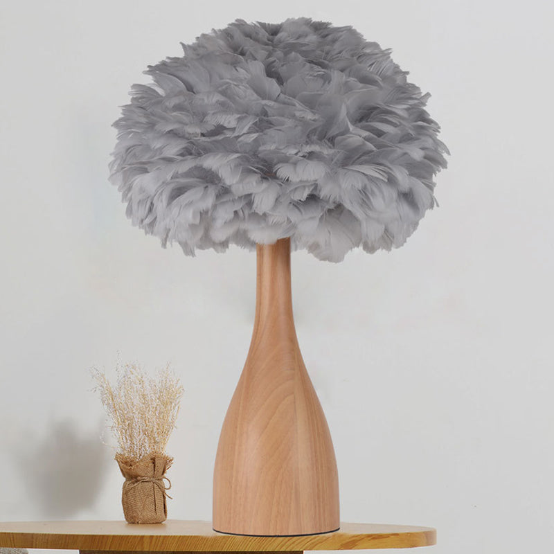 Dome/Tapered Shade Table Light Modern Feather Single Black/Pink/Cream Night Stand Lamp with Teardrop/Curved Rod/Tripod Base Grey Clearhalo 'Lamps' 'Table Lamps' Lighting' 1986007