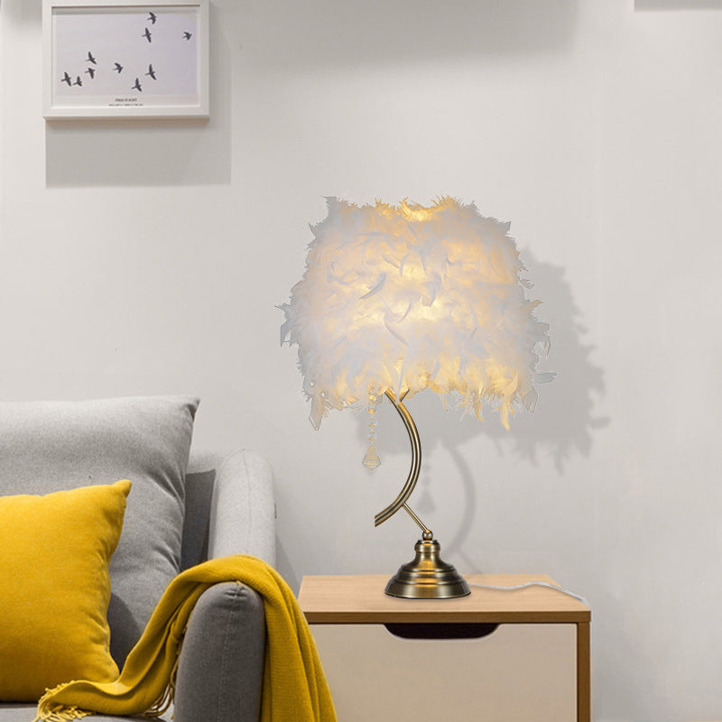 Dome/Tapered Shade Table Light Modern Feather Single Black/Pink/Cream Night Stand Lamp with Teardrop/Curved Rod/Tripod Base White Clearhalo 'Lamps' 'Table Lamps' Lighting' 1986011