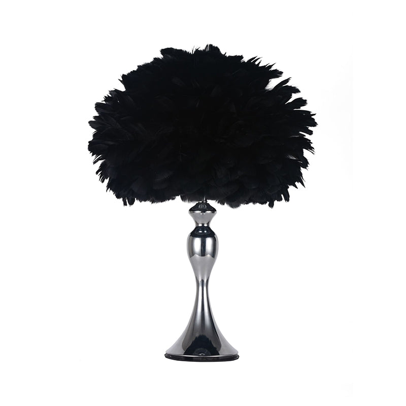 Dome/Tapered Shade Table Light Modern Feather Single Black/Pink/Cream Night Stand Lamp with Teardrop/Curved Rod/Tripod Base Black Clearhalo 'Lamps' 'Table Lamps' Lighting' 1986016
