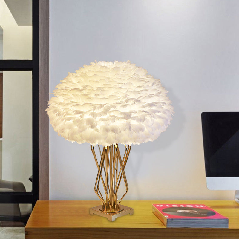 Half-Globe Feather Table Lamp Post-Modern Single White and Brass Night Light with Open Urn Shaped Base White Clearhalo 'Lamps' 'Table Lamps' Lighting' 1986026