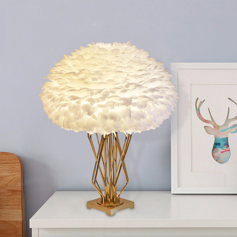 Half-Globe Feather Table Lamp Post-Modern Single White and Brass Night Light with Open Urn Shaped Base Clearhalo 'Lamps' 'Table Lamps' Lighting' 1986027