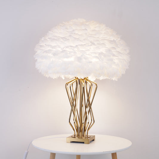 Half-Globe Feather Table Lamp Post-Modern Single White and Brass Night Light with Open Urn Shaped Base Clearhalo 'Lamps' 'Table Lamps' Lighting' 1986028