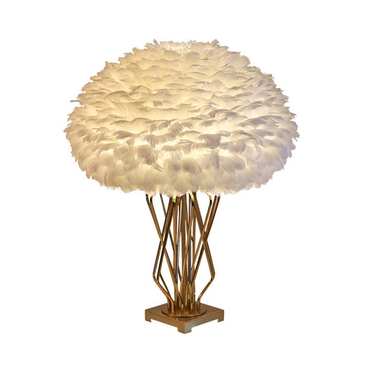 Half-Globe Feather Table Lamp Post-Modern Single White and Brass Night Light with Open Urn Shaped Base Clearhalo 'Lamps' 'Table Lamps' Lighting' 1986029