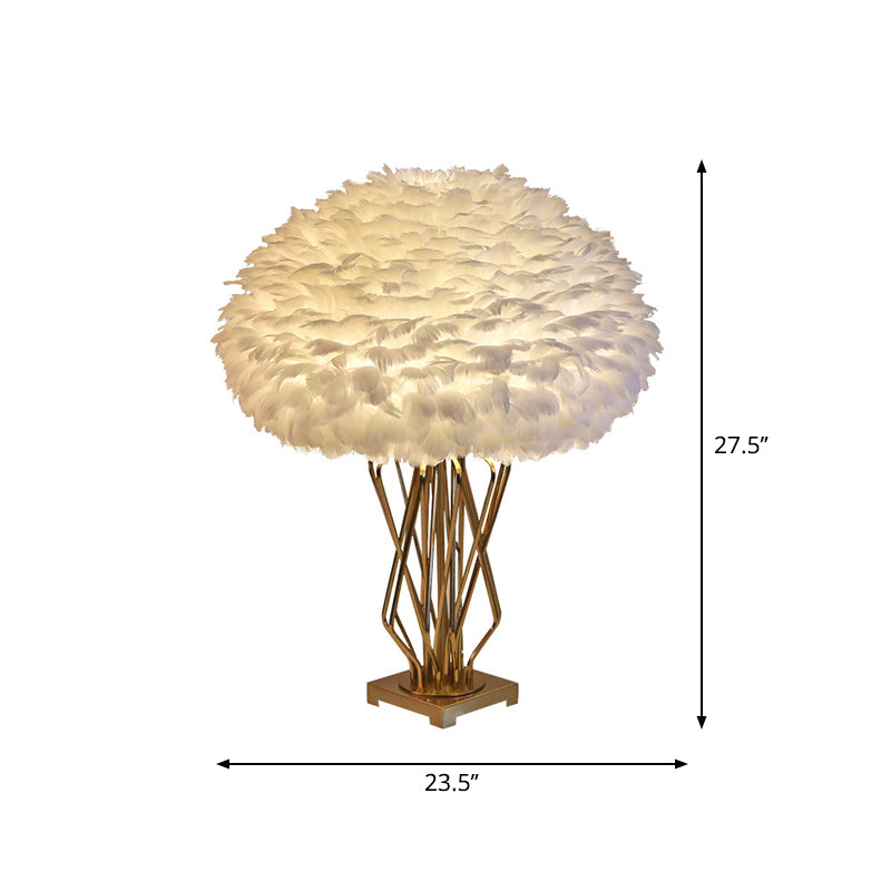 Half-Globe Feather Table Lamp Post-Modern Single White and Brass Night Light with Open Urn Shaped Base Clearhalo 'Lamps' 'Table Lamps' Lighting' 1986030