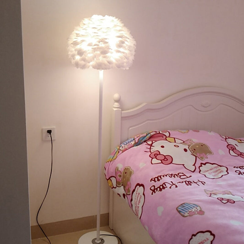 18"/21.5" Wide Dome Stand Up Lamp Modern Feather 1-Light Living Room Floor Light in White/Pink/Orange White Clearhalo 'Floor Lamps' 'Lamps' Lighting' 1986038