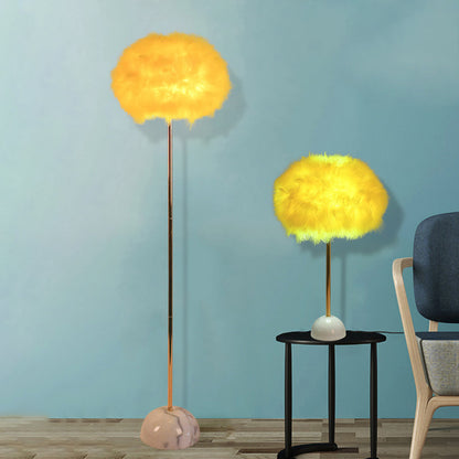 Hand-Woven Feather Sphere Floor Lamp Nordic 1 Head Yellow Floor Standing Light with Ceramic Base Yellow Clearhalo 'Floor Lamps' 'Lamps' Lighting' 1986048