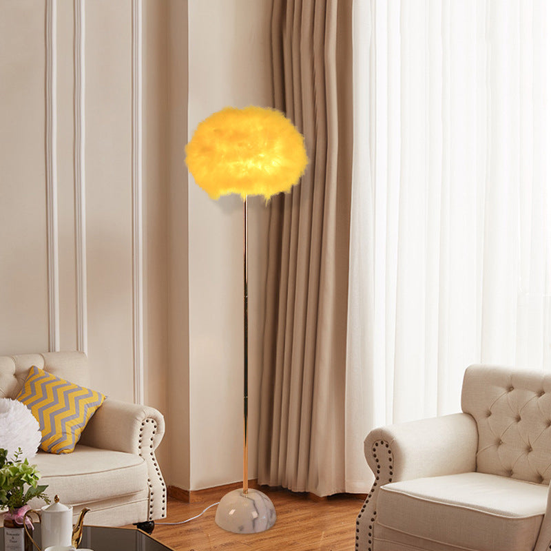 Hand-Woven Feather Sphere Floor Lamp Nordic 1 Head Yellow Floor Standing Light with Ceramic Base Clearhalo 'Floor Lamps' 'Lamps' Lighting' 1986049