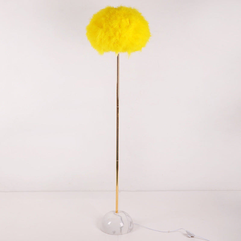 Hand-Woven Feather Sphere Floor Lamp Nordic 1 Head Yellow Floor Standing Light with Ceramic Base Clearhalo 'Floor Lamps' 'Lamps' Lighting' 1986050