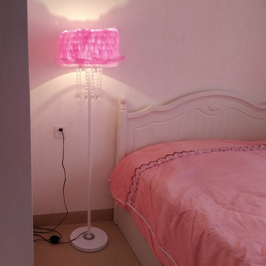Apricot/White/Pink Lotus Floor Light Novelty Nordic 1 Bulb Feather Stand Up Lamp with Crystal Orbs Pink Clearhalo 'Floor Lamps' 'Lamps' Lighting' 1986058
