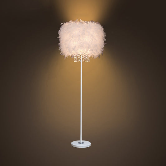 Single-Bulb Living Room Floor Lamp Minimalist White/Chrome Standing Light with Cylindrical Feather Shade White C Clearhalo 'Floor Lamps' 'Lamps' Lighting' 1986064
