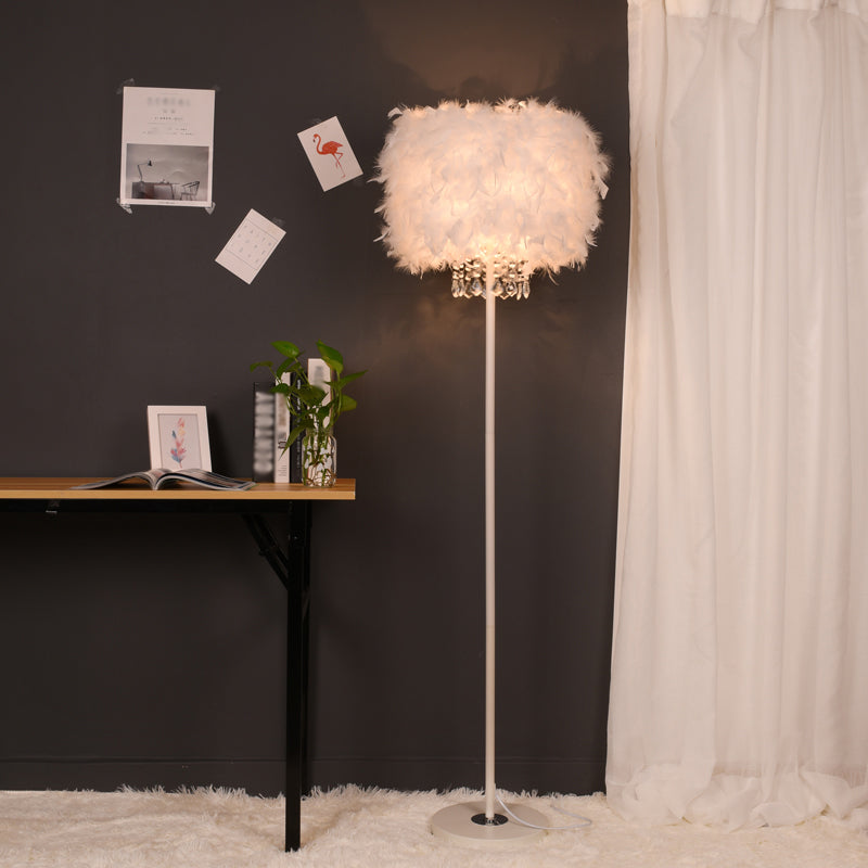 Single-Bulb Living Room Floor Lamp Minimalist White/Chrome Standing Light with Cylindrical Feather Shade Clearhalo 'Floor Lamps' 'Lamps' Lighting' 1986065