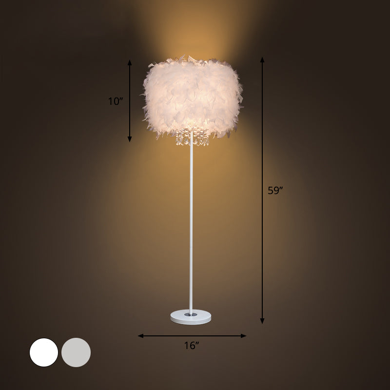 Single-Bulb Living Room Floor Lamp Minimalist White/Chrome Standing Light with Cylindrical Feather Shade Clearhalo 'Floor Lamps' 'Lamps' Lighting' 1986066