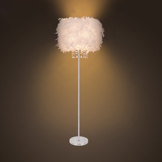 Single-Bulb Living Room Floor Lamp Minimalist White/Chrome Standing Light with Cylindrical Feather Shade Chrome C Clearhalo 'Floor Lamps' 'Lamps' Lighting' 1986067