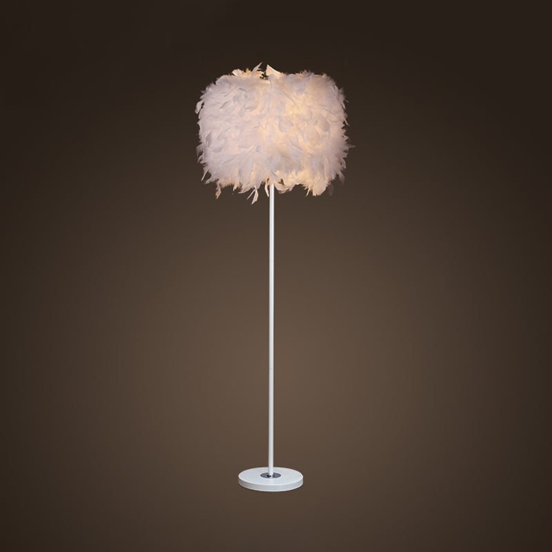 Single-Bulb Living Room Floor Lamp Minimalist White/Chrome Standing Light with Cylindrical Feather Shade Clearhalo 'Floor Lamps' 'Lamps' Lighting' 1986070