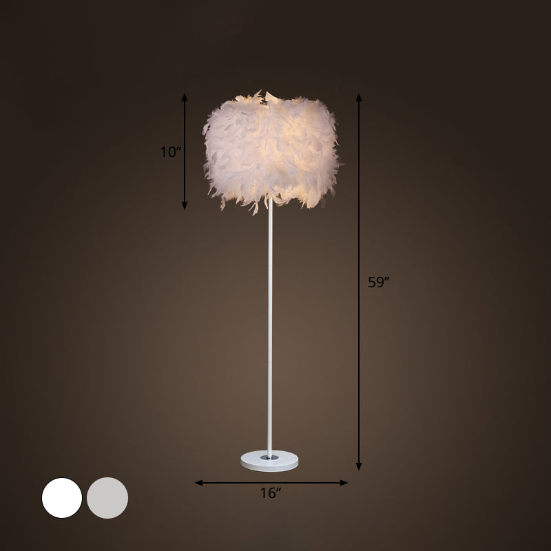 Single-Bulb Living Room Floor Lamp Minimalist White/Chrome Standing Light with Cylindrical Feather Shade Clearhalo 'Floor Lamps' 'Lamps' Lighting' 1986071