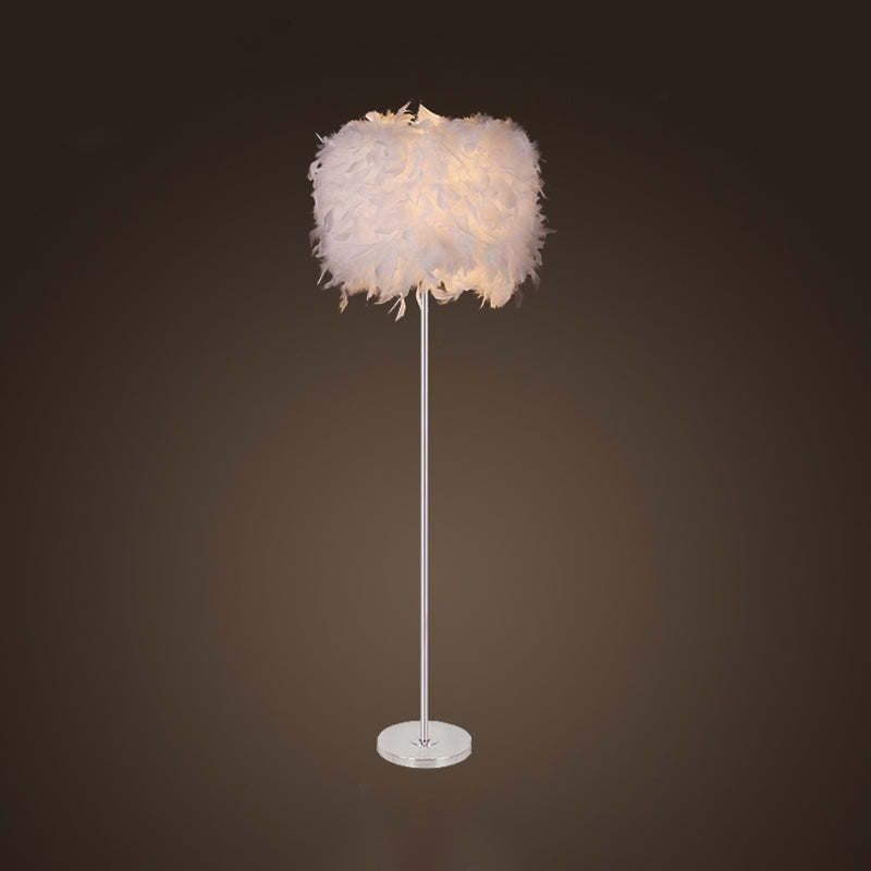 Single-Bulb Living Room Floor Lamp Minimalist White/Chrome Standing Light with Cylindrical Feather Shade Chrome B Clearhalo 'Floor Lamps' 'Lamps' Lighting' 1986072