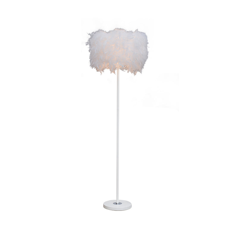 Single-Bulb Living Room Floor Lamp Minimalist White/Chrome Standing Light with Cylindrical Feather Shade Clearhalo 'Floor Lamps' 'Lamps' Lighting' 1986074