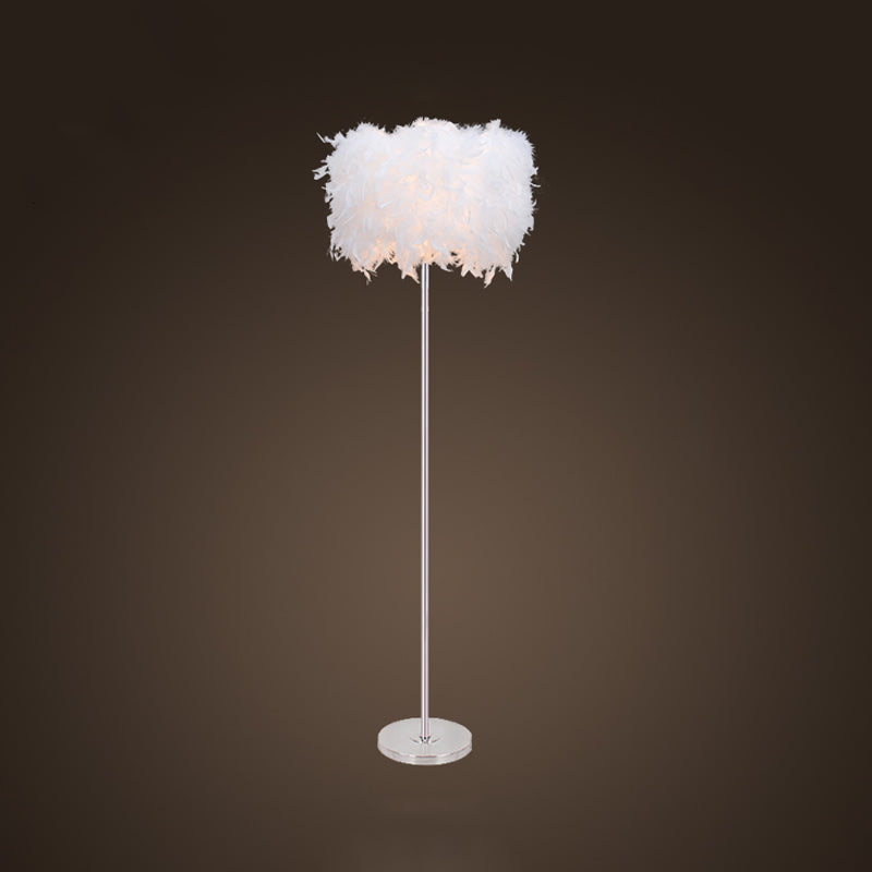 Single-Bulb Living Room Floor Lamp Minimalist White/Chrome Standing Light with Cylindrical Feather Shade Chrome A Clearhalo 'Floor Lamps' 'Lamps' Lighting' 1986076