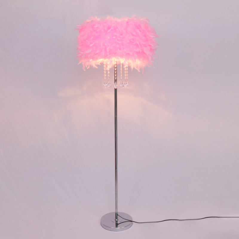Drum Dining Room Floor Light Feather 1 Head Modernist Floor Lamp in Pink/White/Purple with Draping Crystal Pink Clearhalo 'Floor Lamps' 'Lamps' Lighting' 1986081