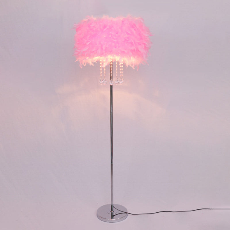 Drum Dining Room Floor Light Feather 1 Head Modernist Floor Lamp in Pink/White/Purple with Draping Crystal Pink Clearhalo 'Floor Lamps' 'Lamps' Lighting' 1986081