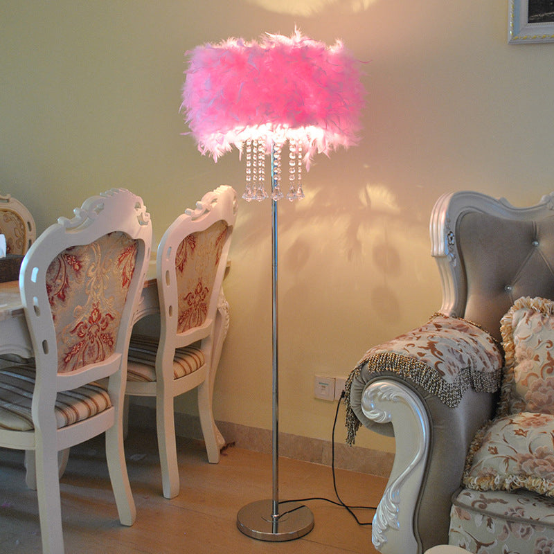 Drum Dining Room Floor Light Feather 1 Head Modernist Floor Lamp in Pink/White/Purple with Draping Crystal Clearhalo 'Floor Lamps' 'Lamps' Lighting' 1986082