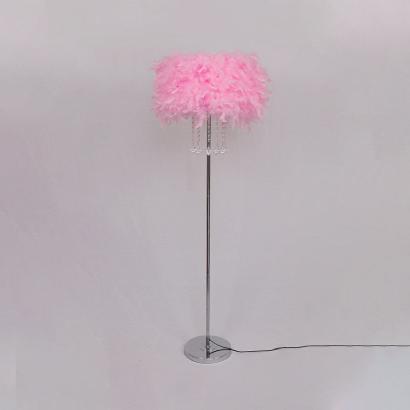 Drum Dining Room Floor Light Feather 1 Head Modernist Floor Lamp in Pink/White/Purple with Draping Crystal Clearhalo 'Floor Lamps' 'Lamps' Lighting' 1986083
