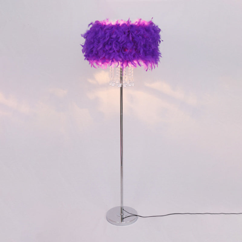 Drum Dining Room Floor Light Feather 1 Head Modernist Floor Lamp in Pink/White/Purple with Draping Crystal Clearhalo 'Floor Lamps' 'Lamps' Lighting' 1986086
