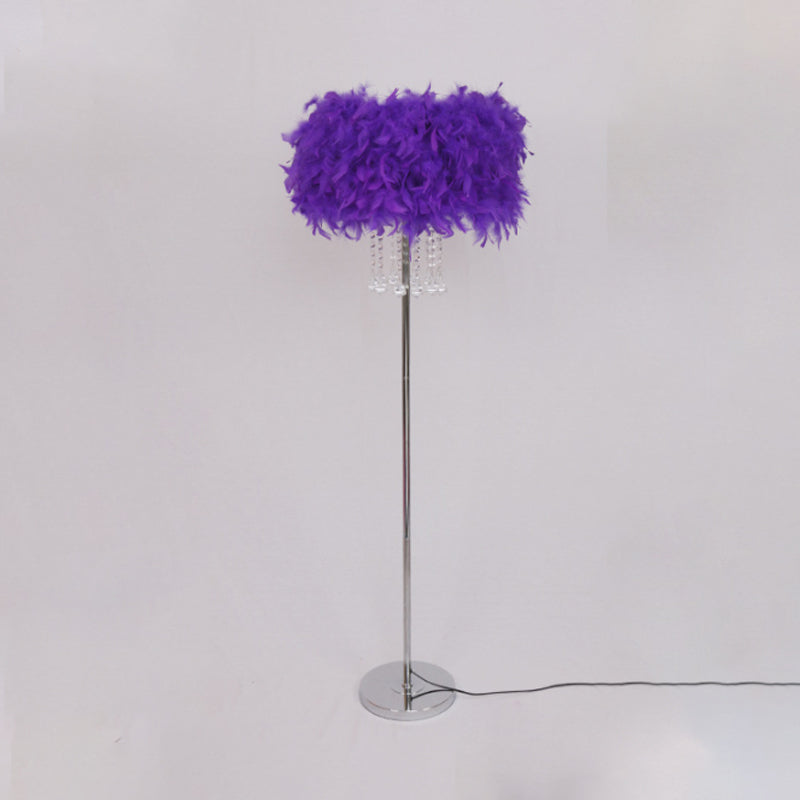 Drum Dining Room Floor Light Feather 1 Head Modernist Floor Lamp in Pink/White/Purple with Draping Crystal Clearhalo 'Floor Lamps' 'Lamps' Lighting' 1986087