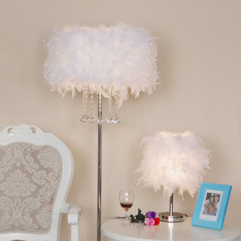 Drum Dining Room Floor Light Feather 1 Head Modernist Floor Lamp in Pink/White/Purple with Draping Crystal Clearhalo 'Floor Lamps' 'Lamps' Lighting' 1986089