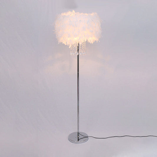 Drum Dining Room Floor Light Feather 1 Head Modernist Floor Lamp in Pink/White/Purple with Draping Crystal Clearhalo 'Floor Lamps' 'Lamps' Lighting' 1986090
