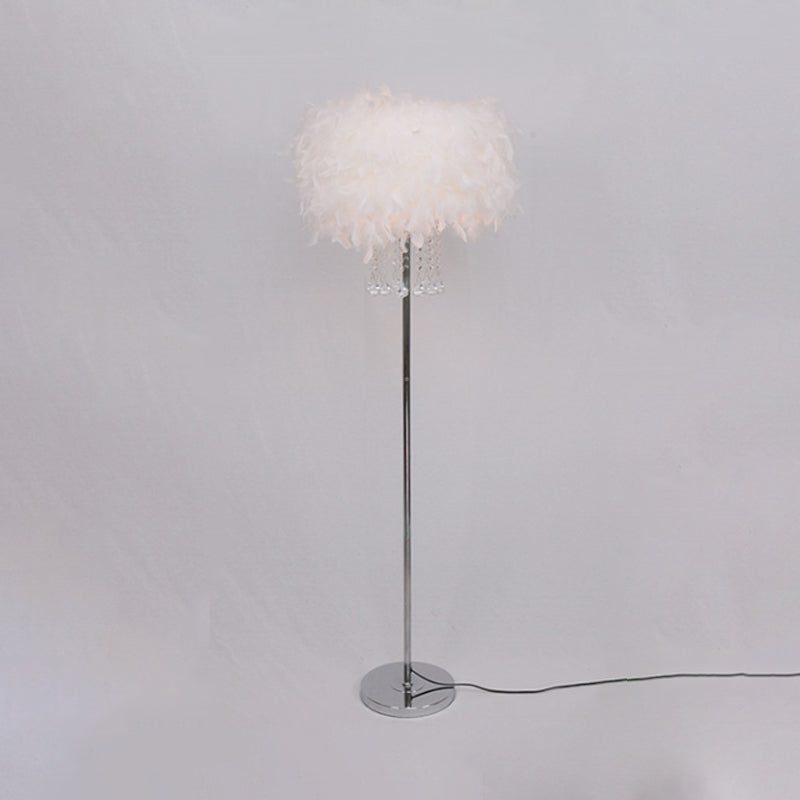 Drum Dining Room Floor Light Feather 1 Head Modernist Floor Lamp in Pink/White/Purple with Draping Crystal Clearhalo 'Floor Lamps' 'Lamps' Lighting' 1986091