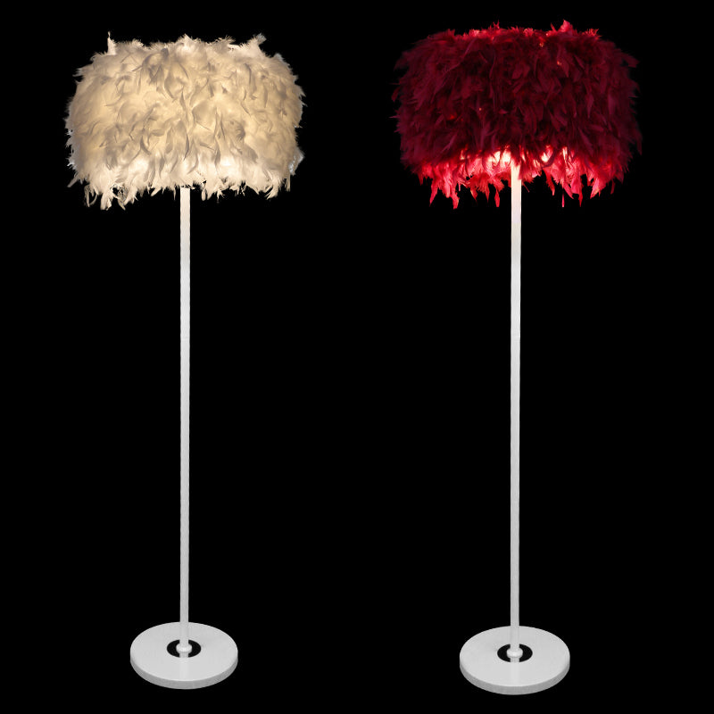 Burgundy/Purple/Pink Drum Floor Light Minimalistic 1-Bulb Feather Standing Floor Lamp for Living Room Clearhalo 'Floor Lamps' 'Lamps' Lighting' 1986093