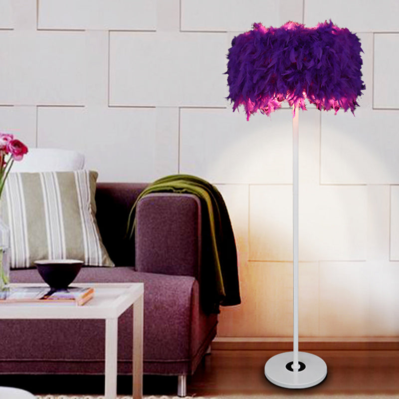 Burgundy/Purple/Pink Drum Floor Light Minimalistic 1-Bulb Feather Standing Floor Lamp for Living Room Purple Clearhalo 'Floor Lamps' 'Lamps' Lighting' 1986098