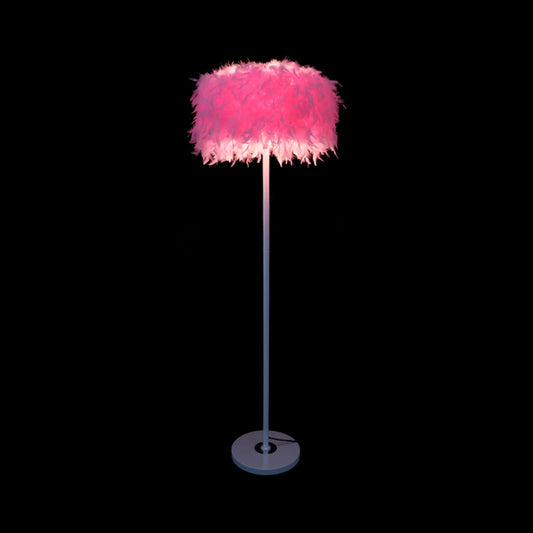 Burgundy/Purple/Pink Drum Floor Light Minimalistic 1-Bulb Feather Standing Floor Lamp for Living Room Pink Clearhalo 'Floor Lamps' 'Lamps' Lighting' 1986100