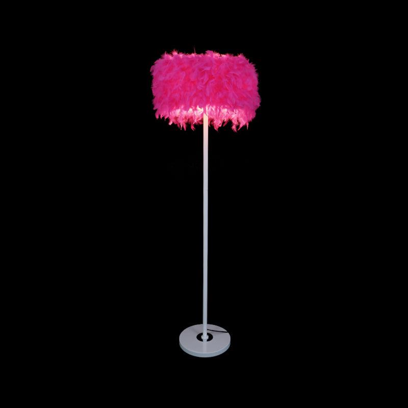 Burgundy/Purple/Pink Drum Floor Light Minimalistic 1-Bulb Feather Standing Floor Lamp for Living Room Rose Red Clearhalo 'Floor Lamps' 'Lamps' Lighting' 1986101