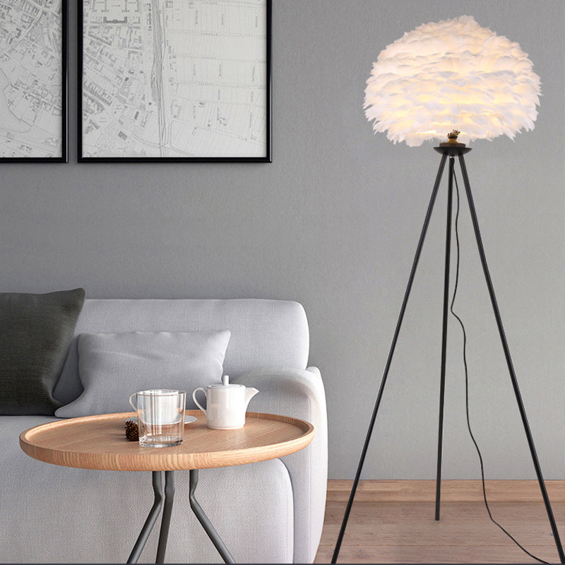 Dome Feather Floor Lamp Minimalist Single Grey/White/Pink Floor Light with Black/White/Gold Tripod for Bedroom Clearhalo 'Floor Lamps' 'Lamps' Lighting' 1986108