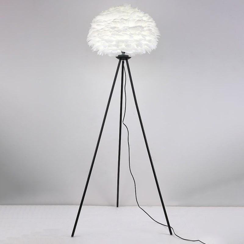 Dome Feather Floor Lamp Minimalist Single Grey/White/Pink Floor Light with Black/White/Gold Tripod for Bedroom Clearhalo 'Floor Lamps' 'Lamps' Lighting' 1986109