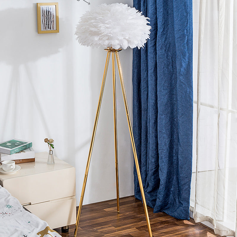 Dome Feather Floor Lamp Minimalist Single Grey/White/Pink Floor Light with Black/White/Gold Tripod for Bedroom Gold White Clearhalo 'Floor Lamps' 'Lamps' Lighting' 1986112