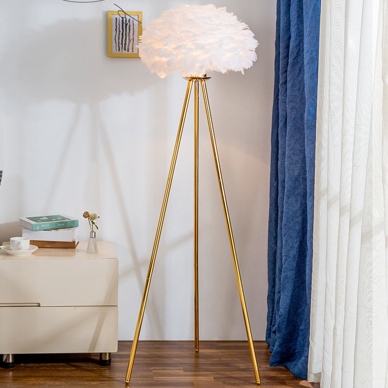 Dome Feather Floor Lamp Minimalist Single Grey/White/Pink Floor Light with Black/White/Gold Tripod for Bedroom Clearhalo 'Floor Lamps' 'Lamps' Lighting' 1986113
