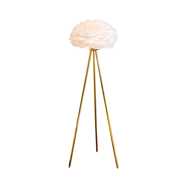 Dome Feather Floor Lamp Minimalist Single Grey/White/Pink Floor Light with Black/White/Gold Tripod for Bedroom Clearhalo 'Floor Lamps' 'Lamps' Lighting' 1986114