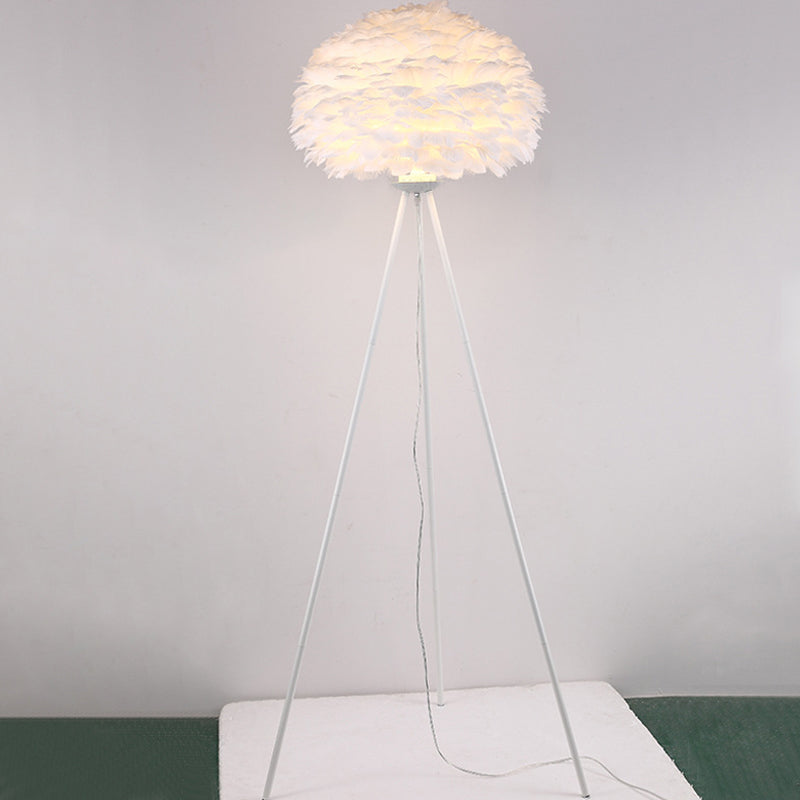 Dome Feather Floor Lamp Minimalist Single Grey/White/Pink Floor Light with Black/White/Gold Tripod for Bedroom White White Clearhalo 'Floor Lamps' 'Lamps' Lighting' 1986116