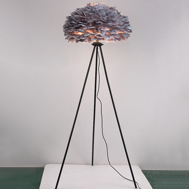 Dome Feather Floor Lamp Minimalist Single Grey/White/Pink Floor Light with Black/White/Gold Tripod for Bedroom Black Gray Clearhalo 'Floor Lamps' 'Lamps' Lighting' 1986118
