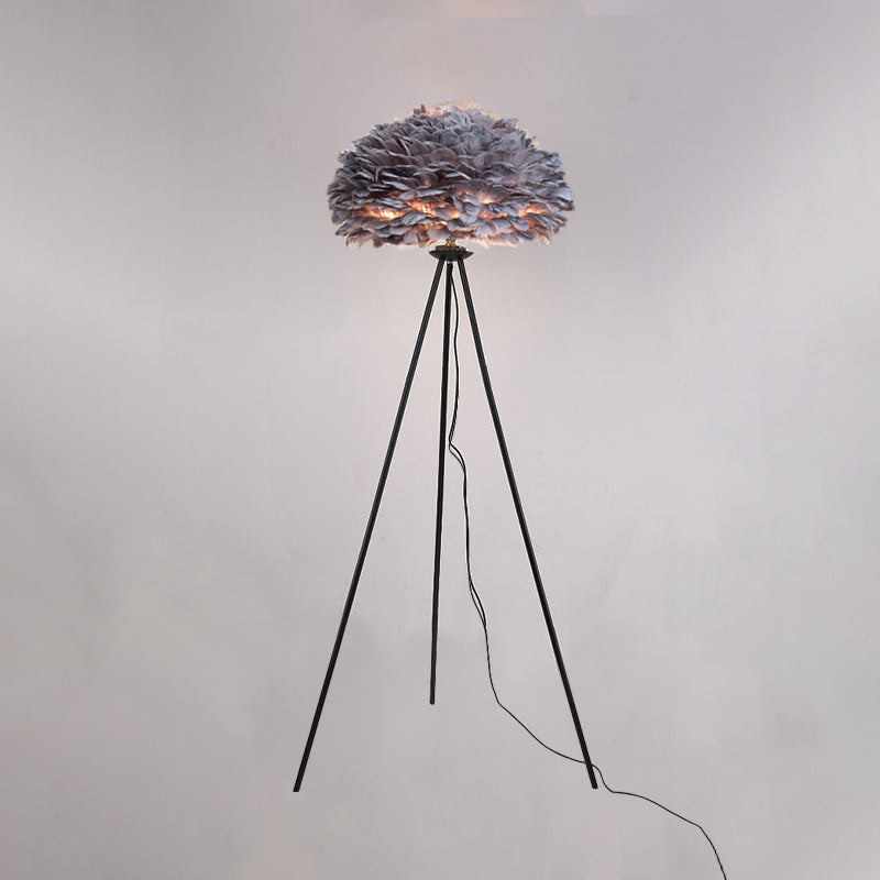 Dome Feather Floor Lamp Minimalist Single Grey/White/Pink Floor Light with Black/White/Gold Tripod for Bedroom Clearhalo 'Floor Lamps' 'Lamps' Lighting' 1986119