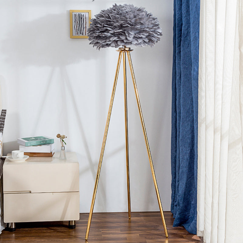 Dome Feather Floor Lamp Minimalist Single Grey/White/Pink Floor Light with Black/White/Gold Tripod for Bedroom Gold Gray Clearhalo 'Floor Lamps' 'Lamps' Lighting' 1986121